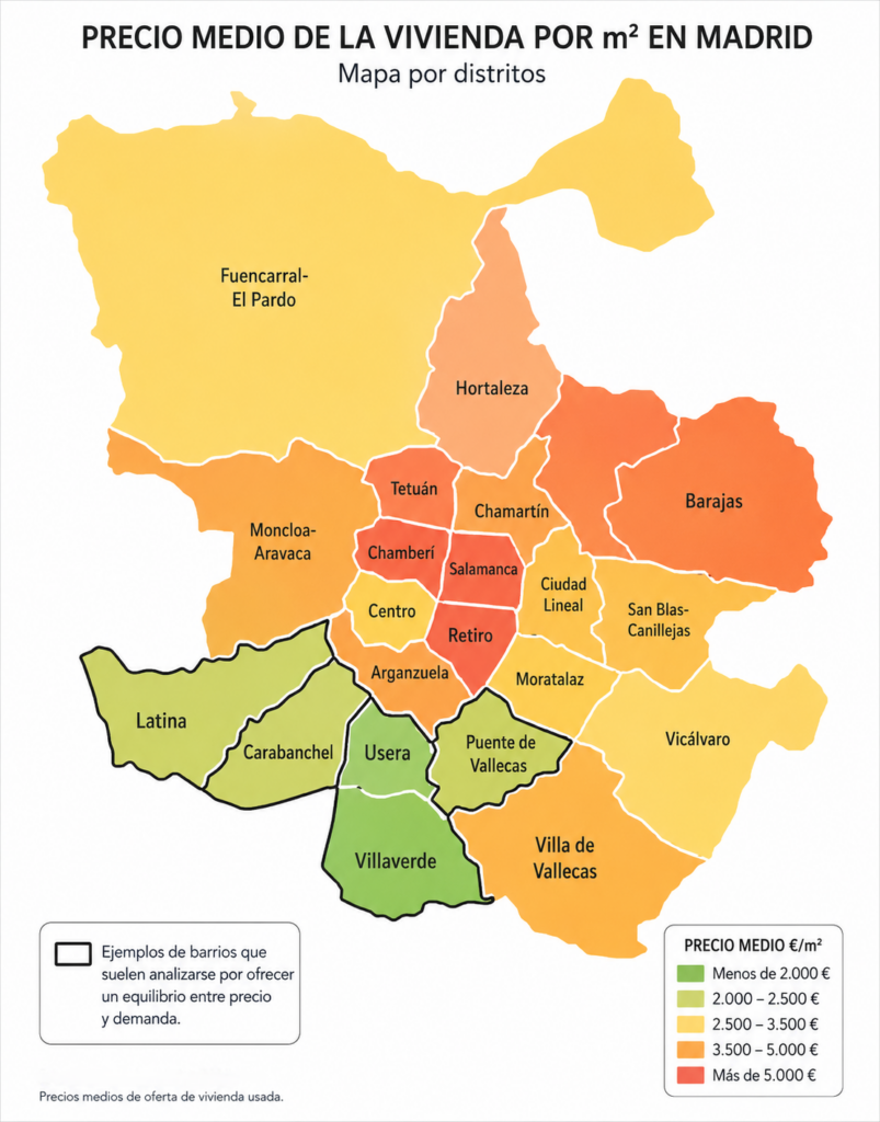 Mapa de precio medio de la vivienda por m2 en Madrid